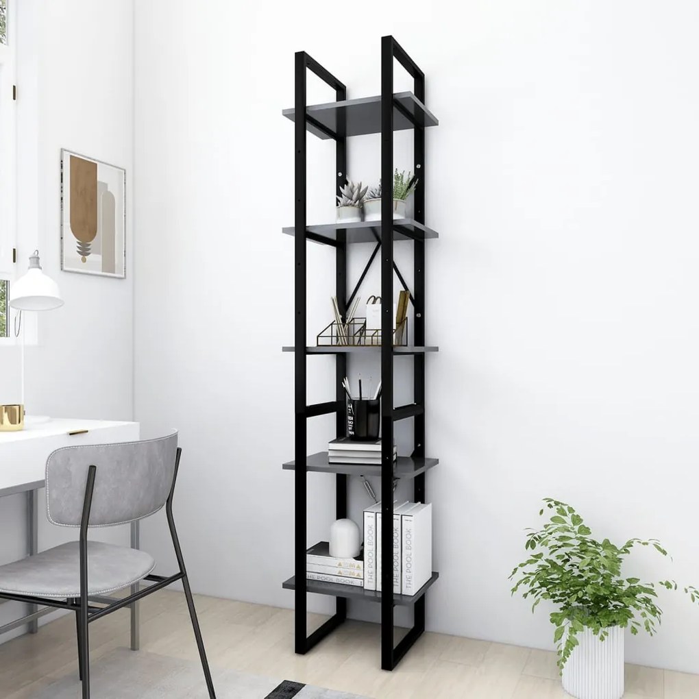 Libreria a 5 ripiani grigia 40x30x175 cm in legno multistrato