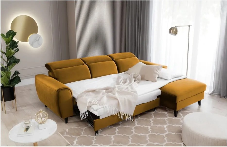 Divano angolare giallo allungabile/con contenitore (con penisola a destra/con chaise lounge) e rivestimento in velluto Foble – ELTAP