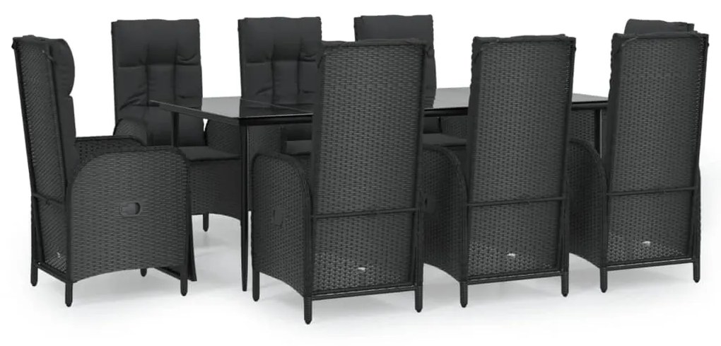 Set da pranzo da giardino 9 pz con cuscini nero in polyrattan