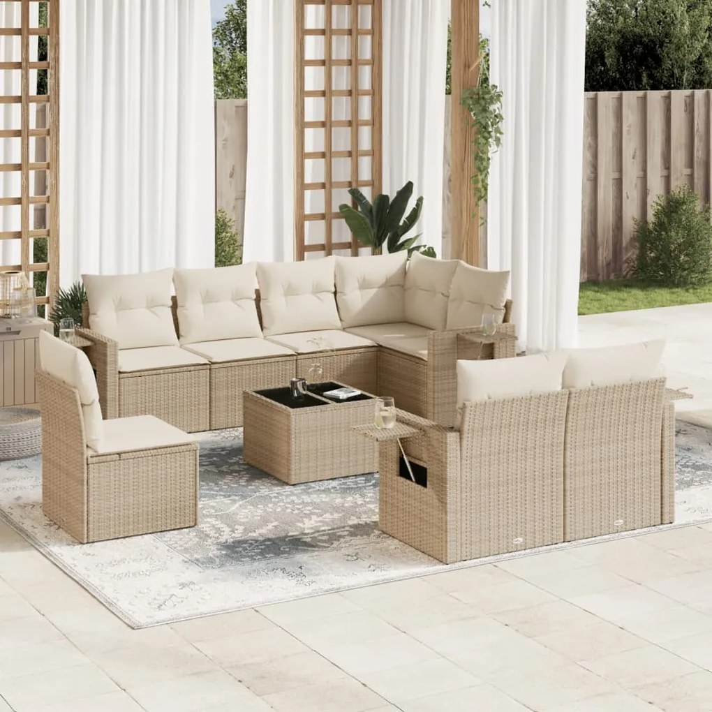 Set divano da giardino 9 pz con cuscini beige in polyrattan