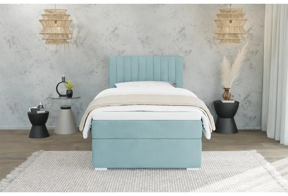Letto singolo imbottito con contenitore azzurro con materasso e topper inclusi 100x200 cm Bunny – Ropez