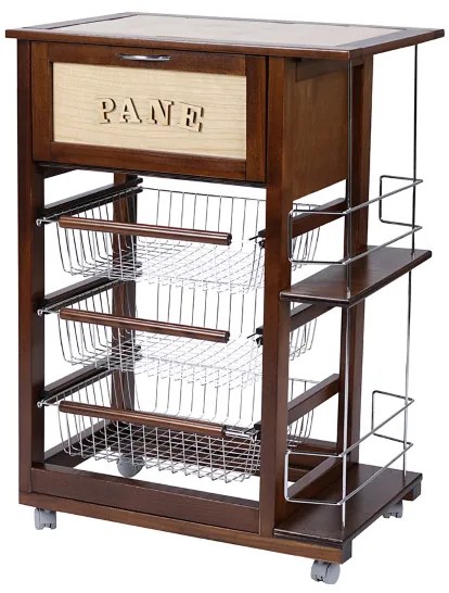 Carrello portapane con portabottiglie e cesti portafrutta Noce