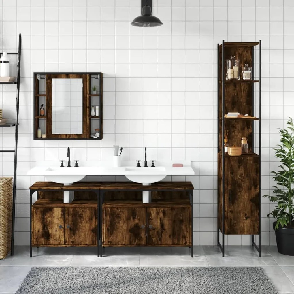 Set mobili da bagno 4 pz rovere fumo in legno multistrato