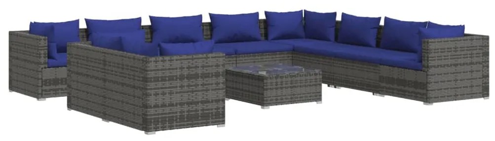 Set Divani da Giardino 11 pz con Cuscini in Polyrattan Grigio