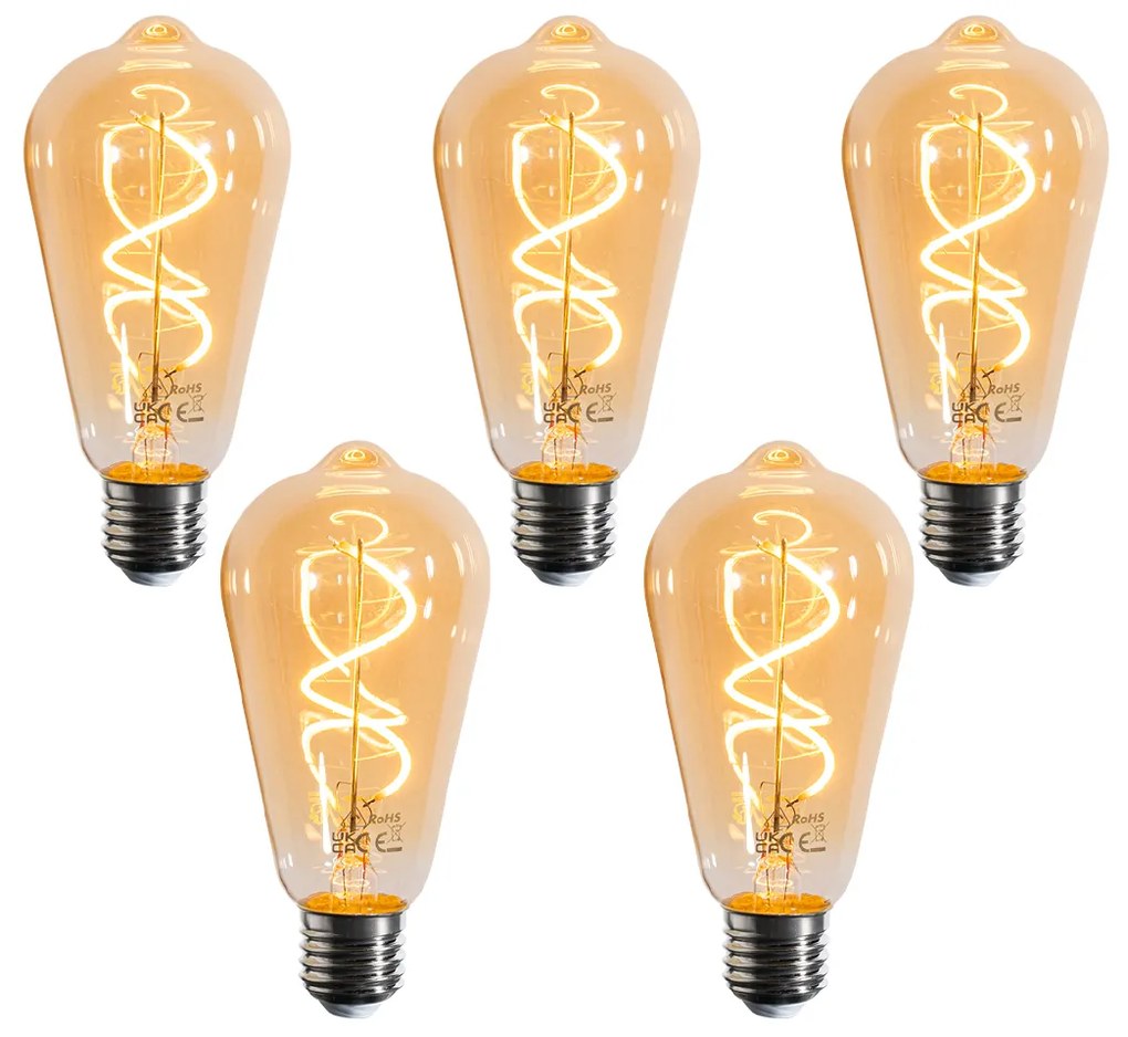 Set van 5 E27 dimbare LED lampen spiraal filament ST64 goud 4W 270 lm 2100K
