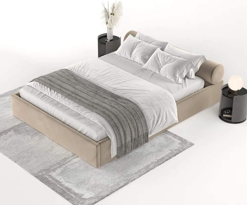 Letto matrimoniale imbottito marrone chiaro con contenitore e rete inclusi 160x200 cm Solvo – Maison de Rêve