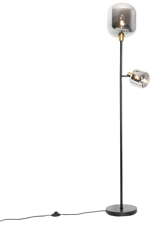 Lampada da terra nera con oro e vetro fumé 2 luci - Zuzanna