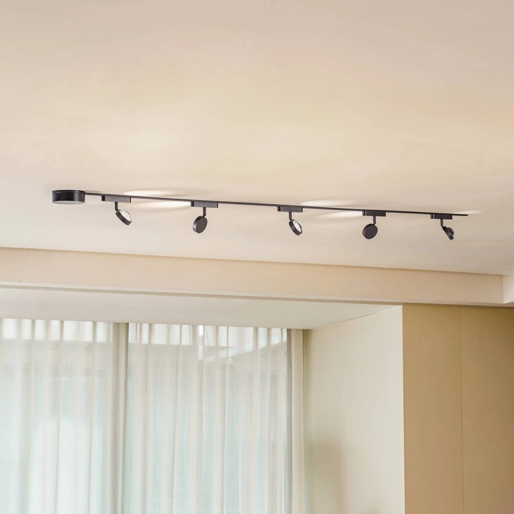 Lindby Sistema a binario 48V Lumaro, faretti, a 5 luci, nero, Ø 7,3 cm