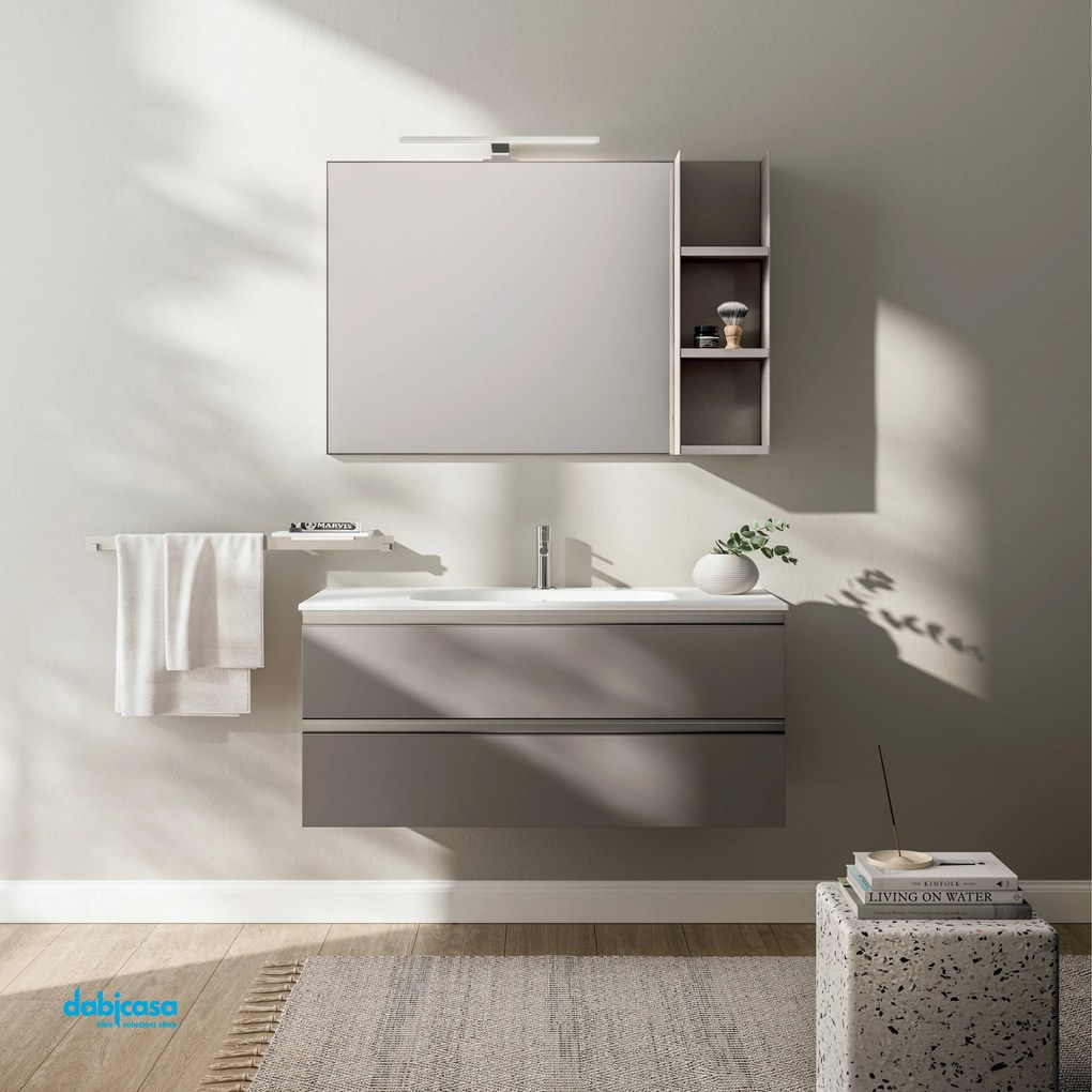 Mobile Bagno Sospeso "KA01" Da 100 Cm Con Due Cassetti Lavabo Specchio Lampada Led E Vano Giorno Finitura Camoscio/Nickel