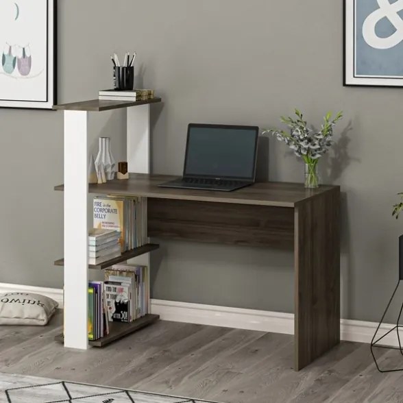 Scrivania Libreria Con Ripiani Laterali 60x120x112H Bianco E Rovere Scuro Node