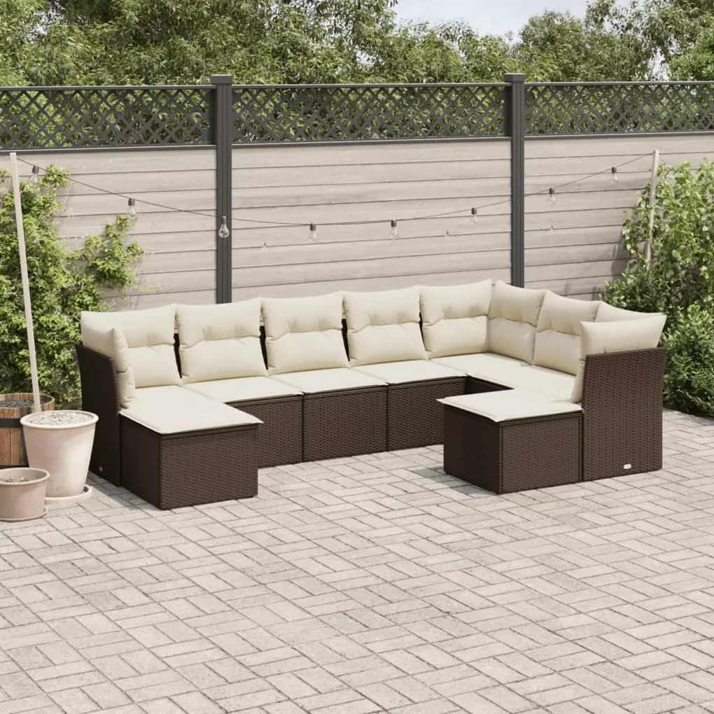 Set divani da giardino 9pz con cuscini marrone in polyrattan