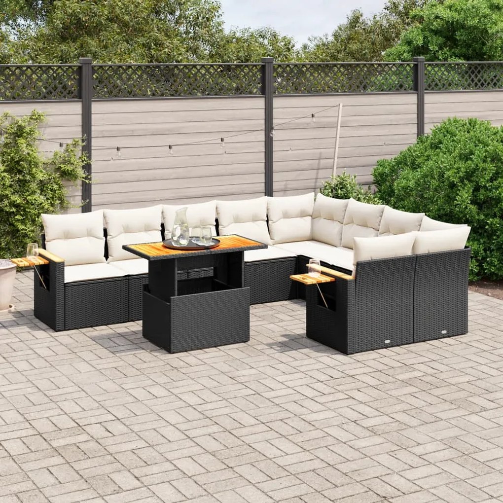 Set divani da giardino 10pz con cuscini in polyrattan nero