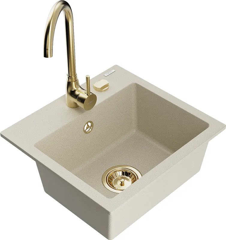 Mexen Milo lavello in granito a 1 vasca con rubinetto da cucina Telma, beige - 6505-69-670200-50