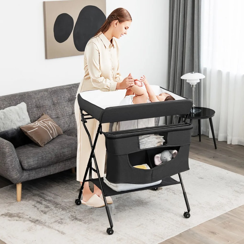 Costway Fasciatoio pieghevole per neonati con rotelle altezza regolabile borsa e ripiano, Organizer per pannolini