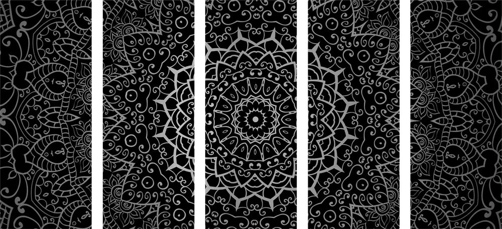 Quadri 5 pezzi – Mandala vintage in stile indiano in bianco e nero