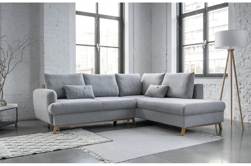 Divano angolare grigio chiaro allungabile/con contenitore (con penisola a destra/a L) Scandic Lagom – Miuform