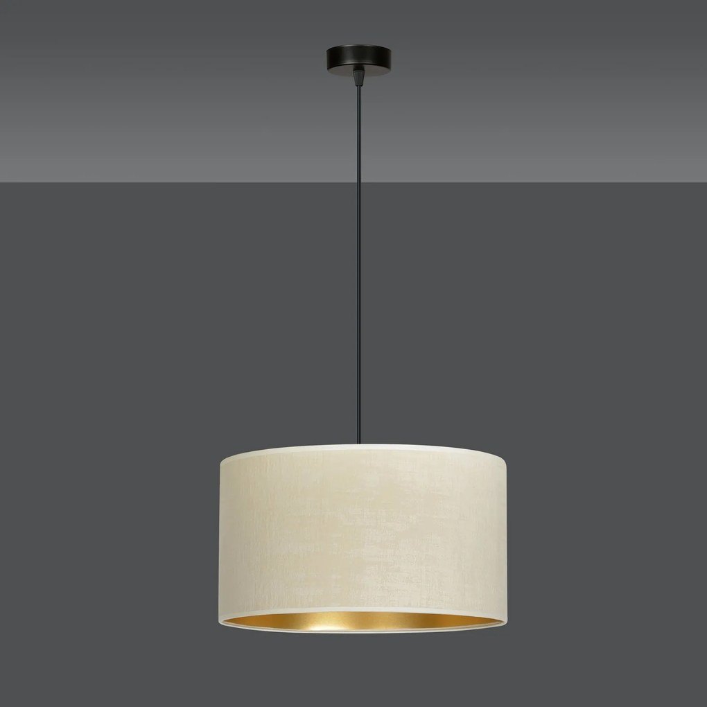 Sospensione 1 Luce Hilde In Acciaio Nero E Paralume In Tessuto Beige