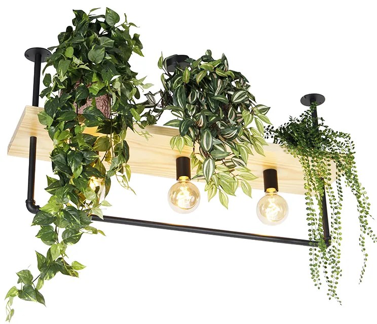 Plafoniera industriale nera con legno 3 luci - Shelf
