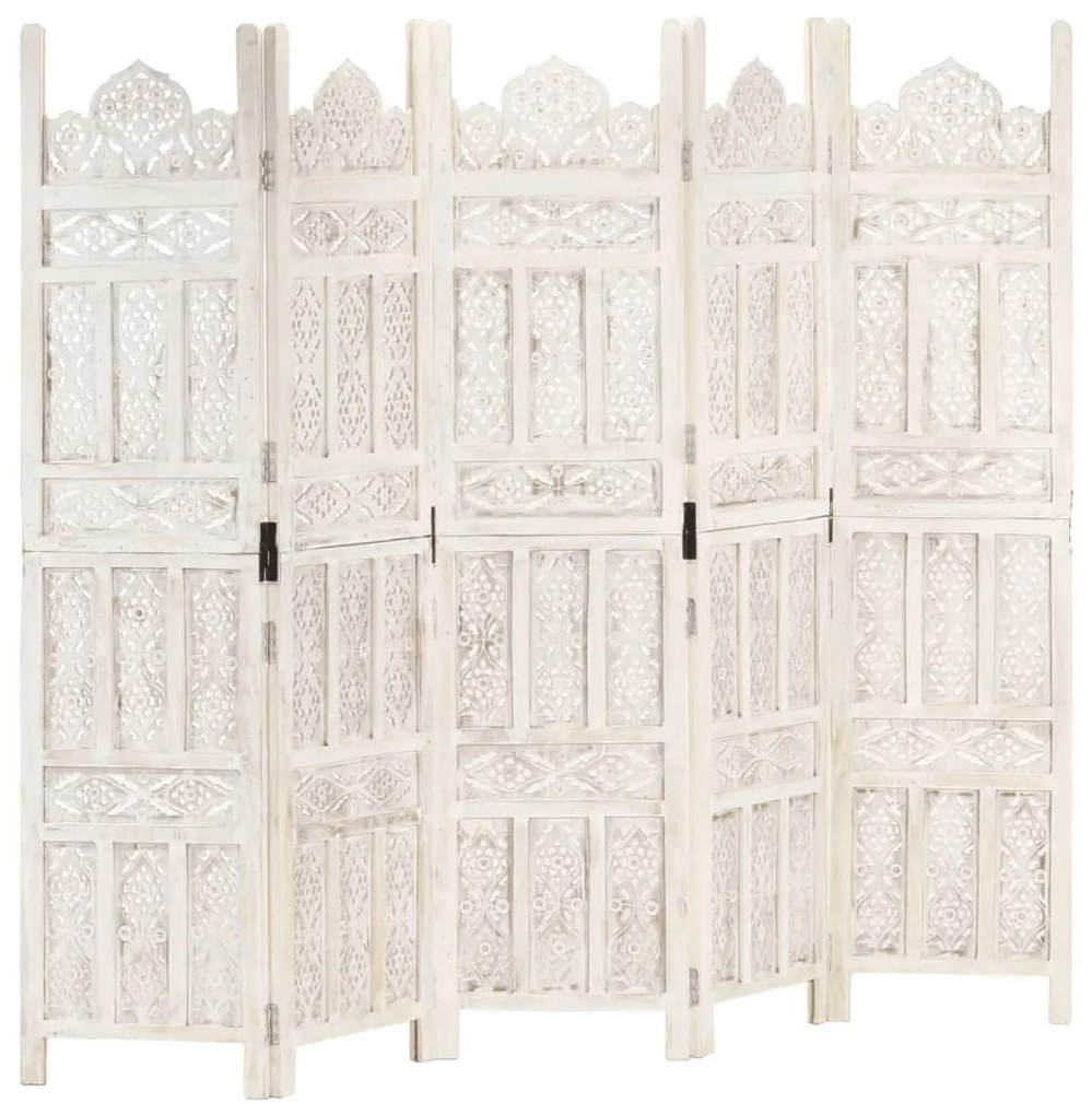 Divisorio 5 pannelli intagliato bianco 200x165cm mango massello