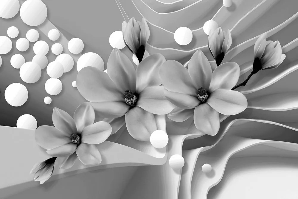 Carta da parati – Magnolia in bianco e nero su sfondo astratto