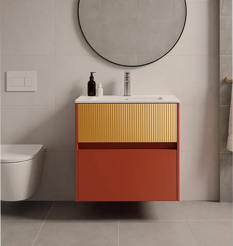 Mobile da bagno sospeso sotto lavabo Niwa 2 cassetti L 59.5 x H 50 x P 45.5 cm paprika e senape cannettato