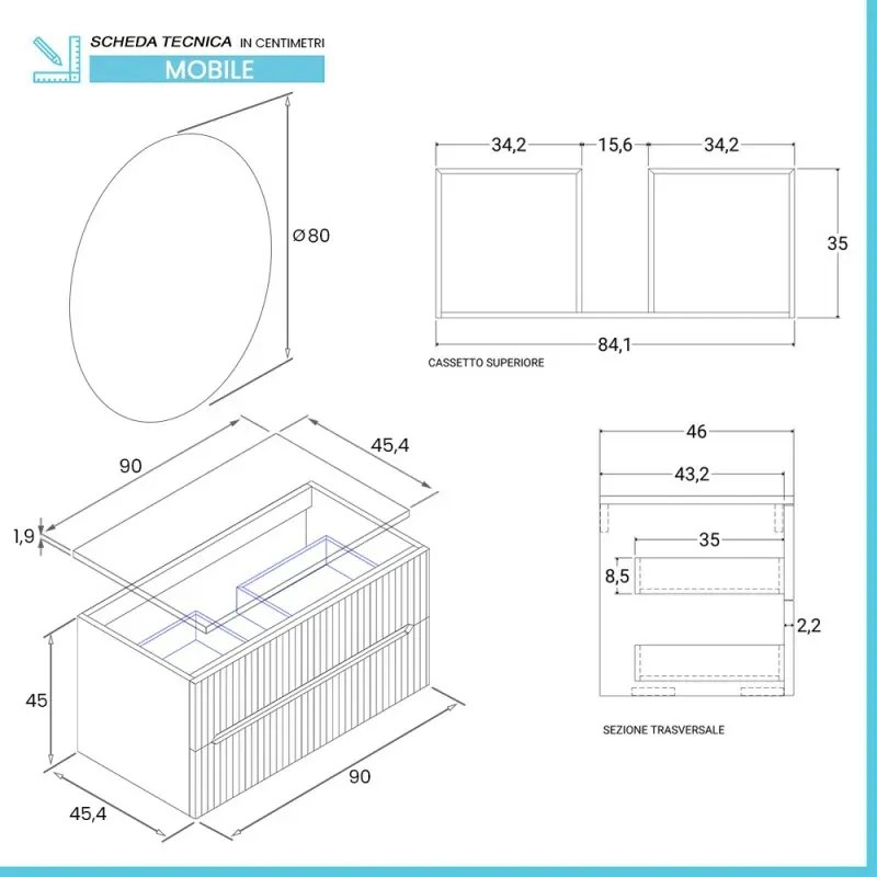 Mobile bagno sospeso cannettato 90 cm rovere chiaro con top e specchio Bali
