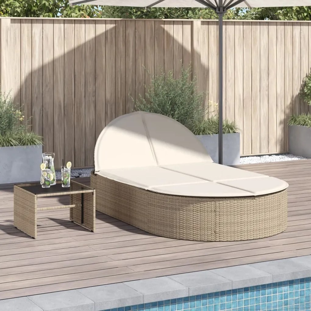 Lettino Prendisole Con Cuscini Beige İn Polyrattan /