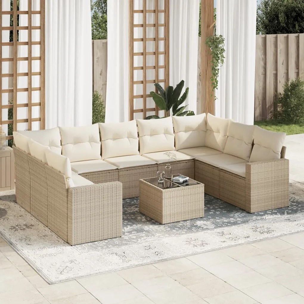 Set Divano da Giardino 10 pz con Cuscini Beige in Polyrattan