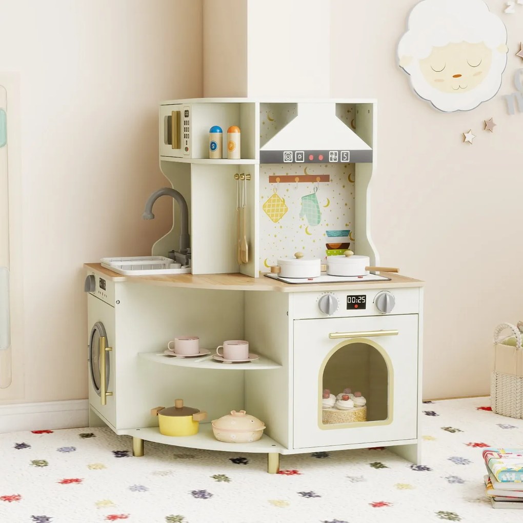 Costway Cucina giocattolo per bambini set angolare legno con rubinetto e lavandino, Cucina giocattolo microonde e lavastoviglie Beige