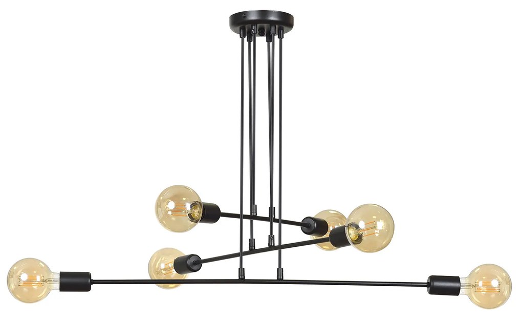 Lampadario Industrial 6 Luci Multiplo In Acciaio Nero A Bracci