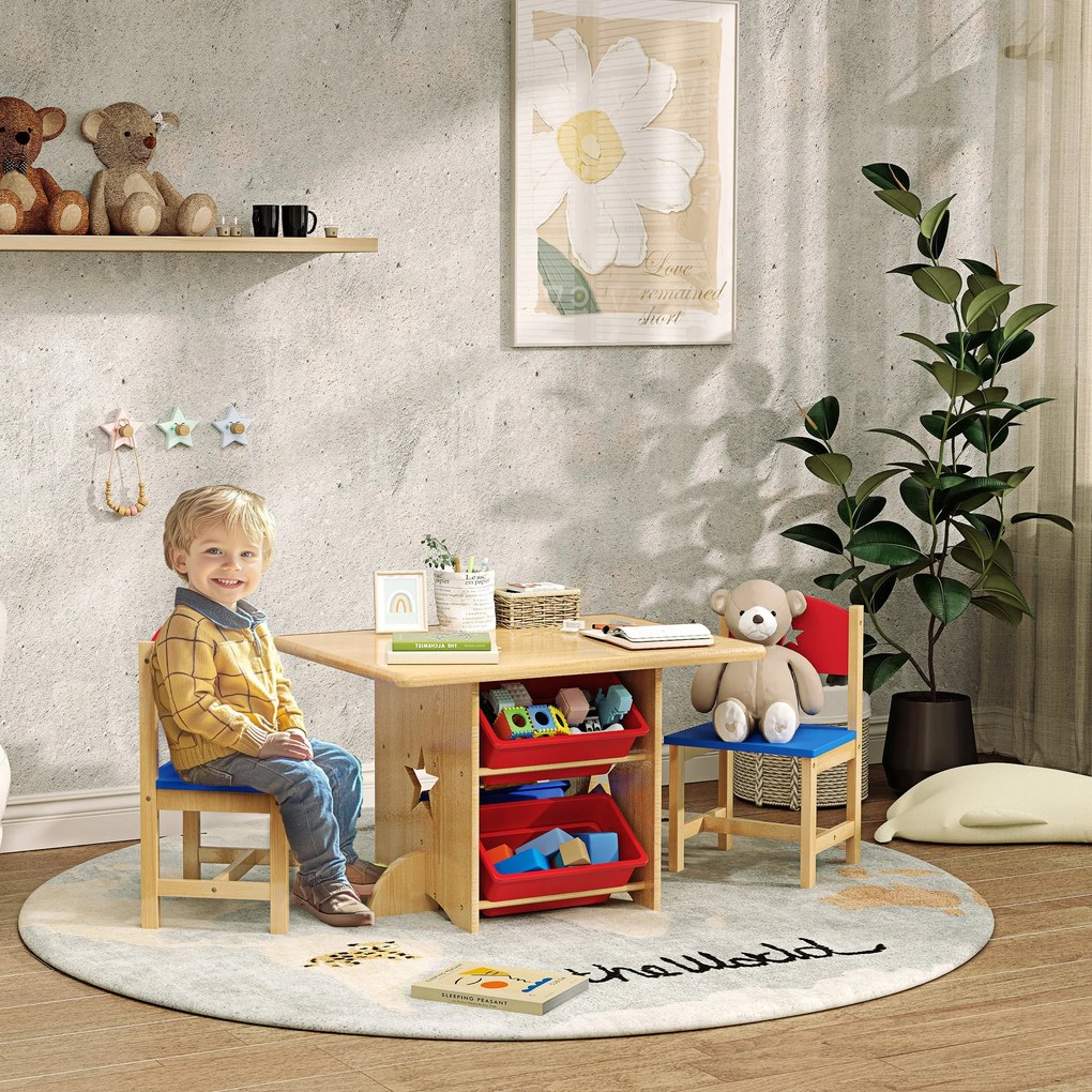 Set Tavolo e Sedie per Bambini con 4 Contenitori per Giochi in Legno e PP...