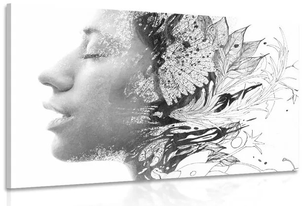 Stampa su tela – Donna con fiori dipinti in bianco e nero