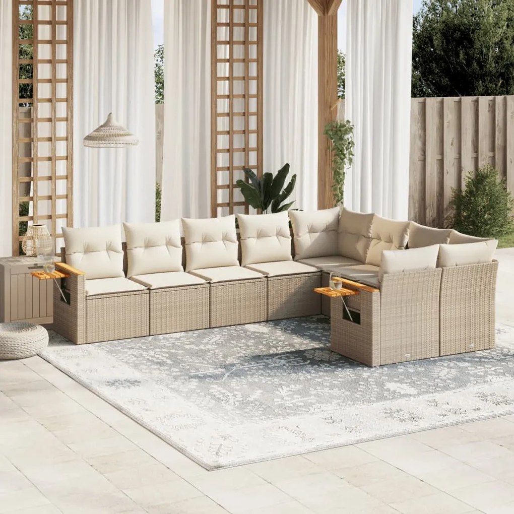 Set divano da giardino 9 pz con cuscini beige in polyrattan