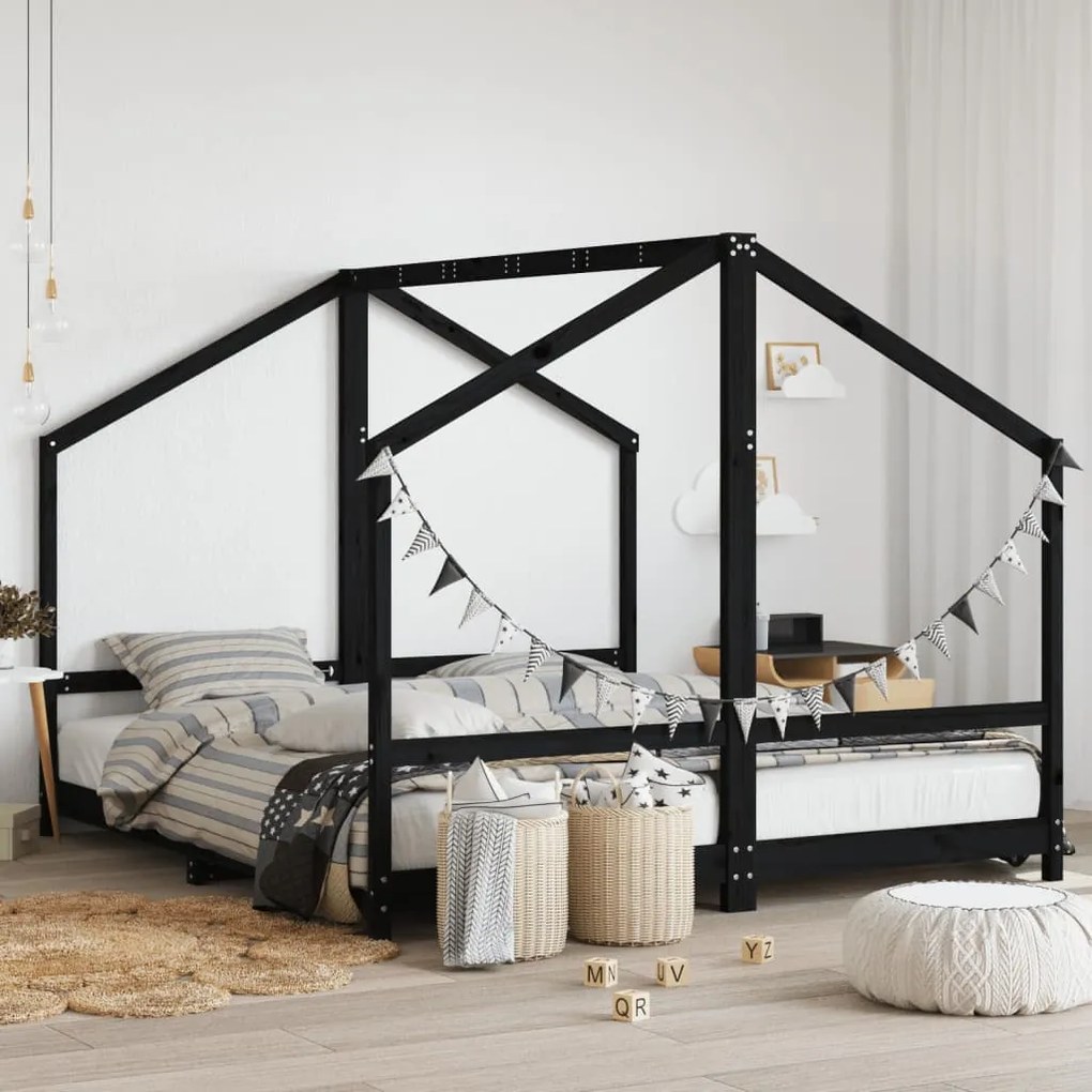 Giroletto Per Bambini Nero 2x(90x200) Cm Legno Massello Di Pino /