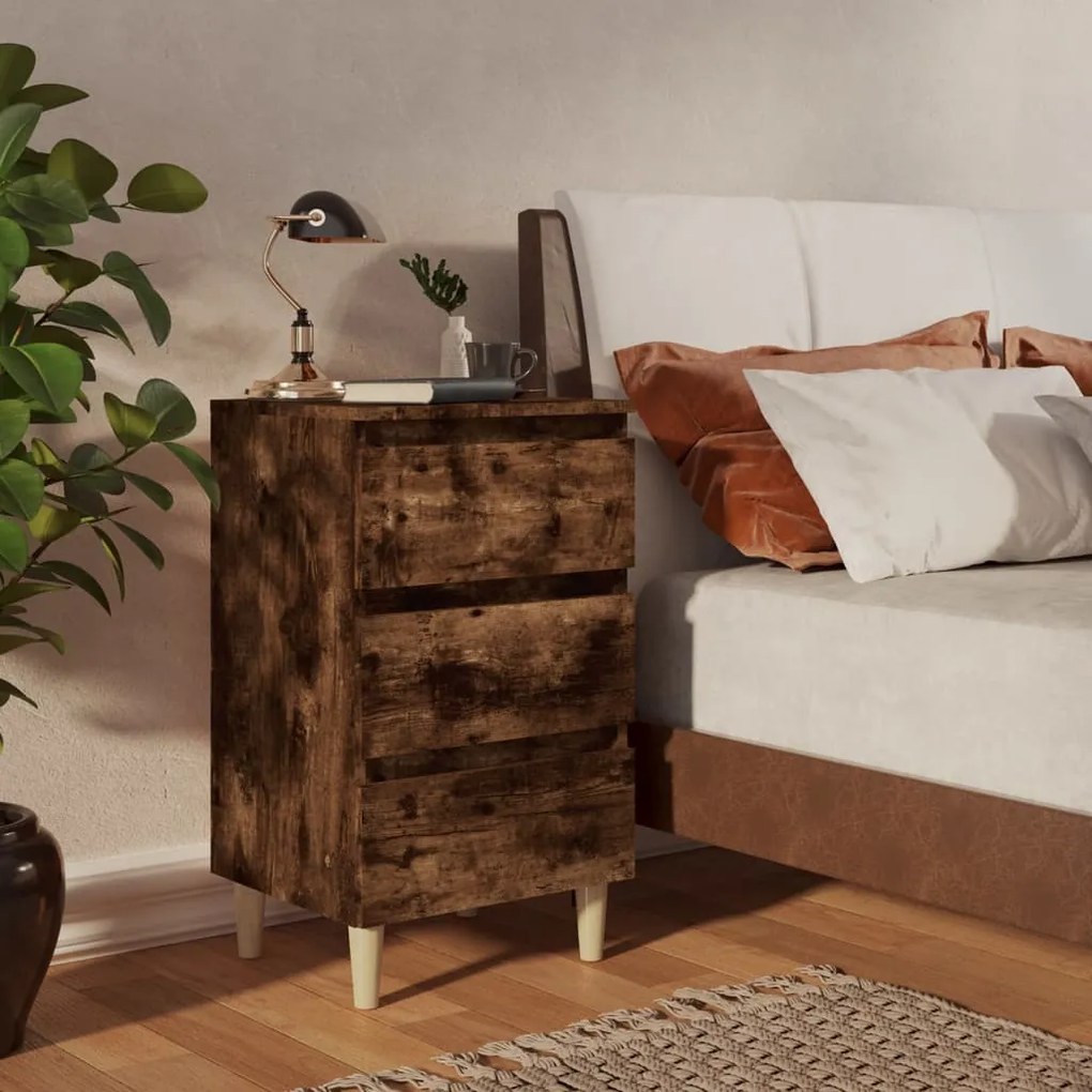 Comodini Con Gambe İn Legno Massello 2pz Rovere Fumo 40x35x69cm /
