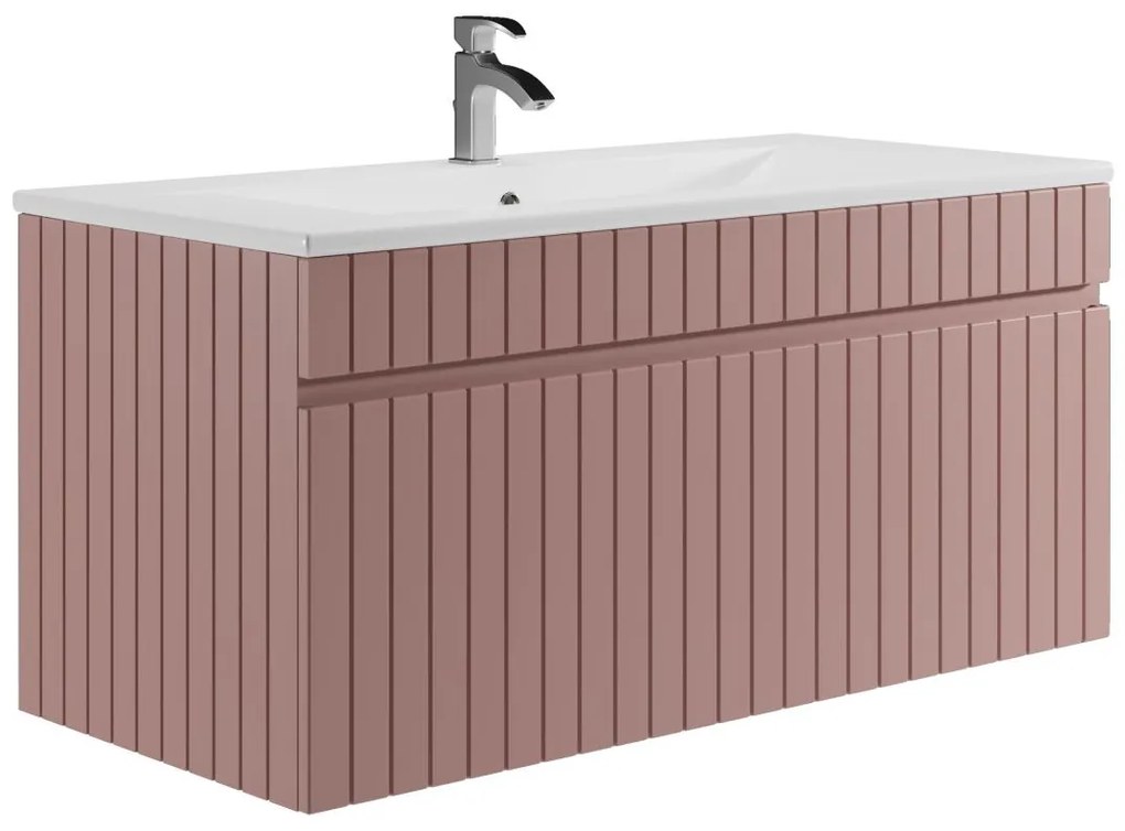 Mobile per bagno sospeso scanalato con lavabo da incasso 100 cm Rosa - SATARA