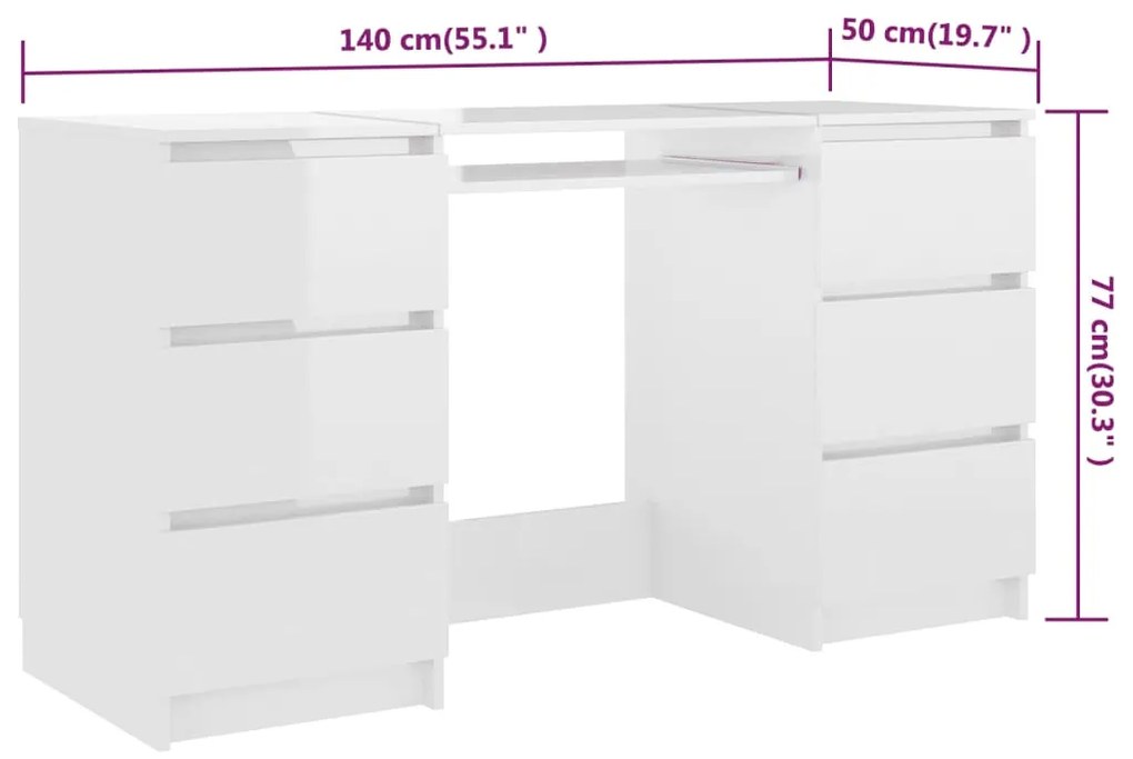 Scrivania Bianco Lucido 140x50x77 cm in Legno Multistrato