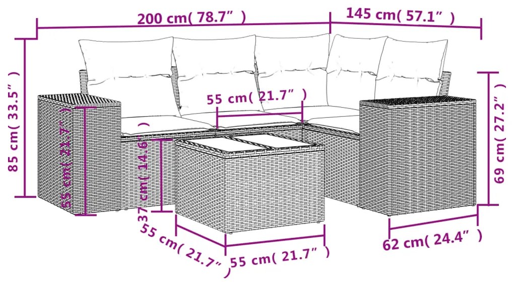 Set divano da giardino 5pz con cuscini grigio chiaro polyrattan