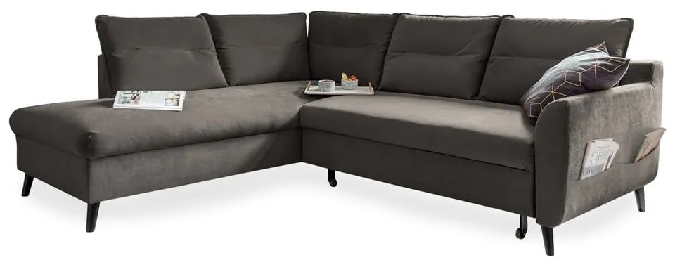 Divano letto angolare in velluto grigio scuro L, angolo sinistro Stylish Stan - Miuform