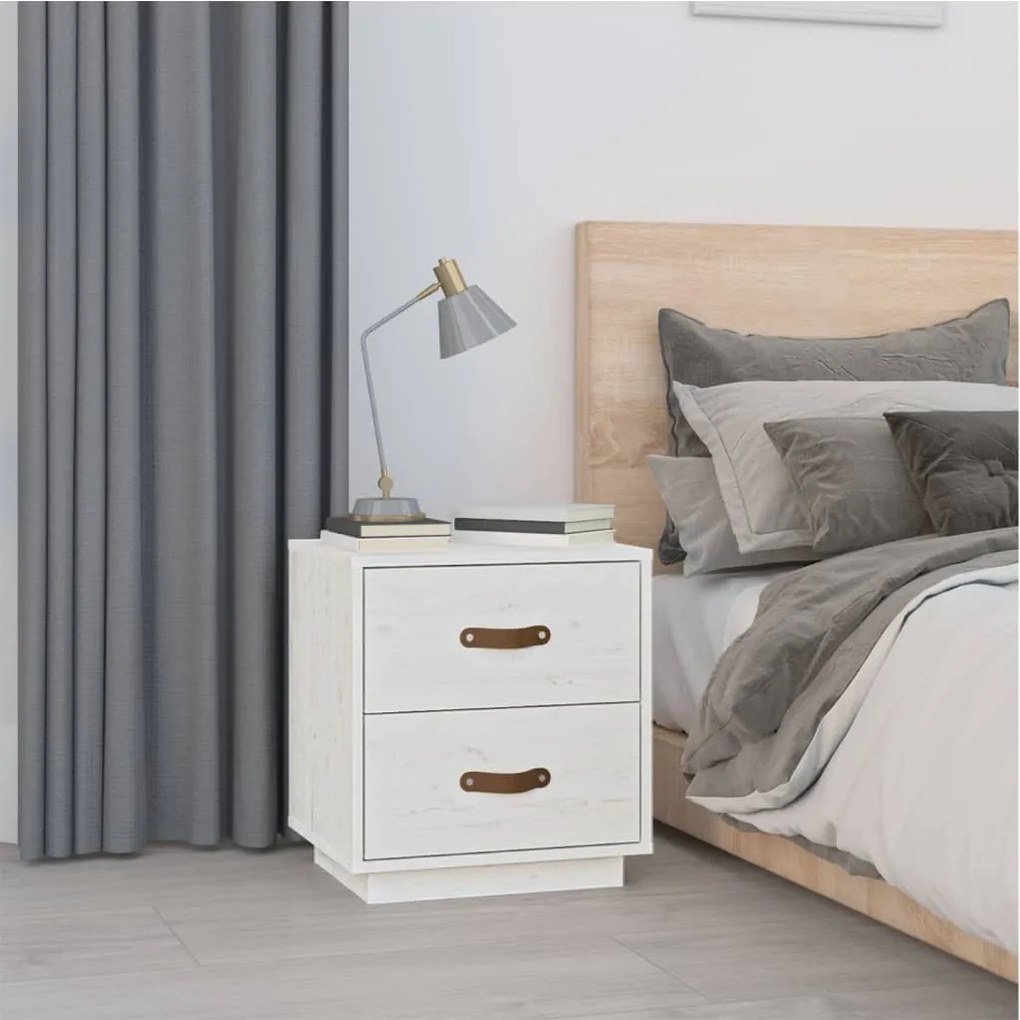 Comodino Bianco 40x34x45 Cm İn Legno Massello Di Pino /