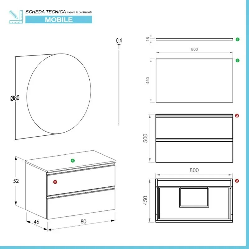 Mobile bagno sospeso 80 cm Master grigio effetto cemento per lavabo da appoggio