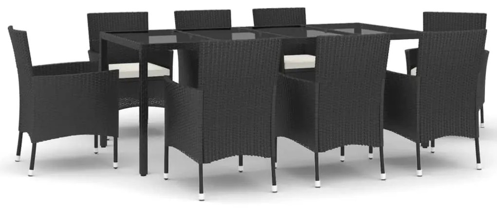 Set da pranzo da giardino 9 pz con cuscini nero in polyrattan