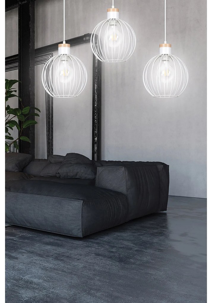 Lampadario 3 Luci Morgana Paralumi A Gabbia In Acciaio Bianco E Legno Naturale