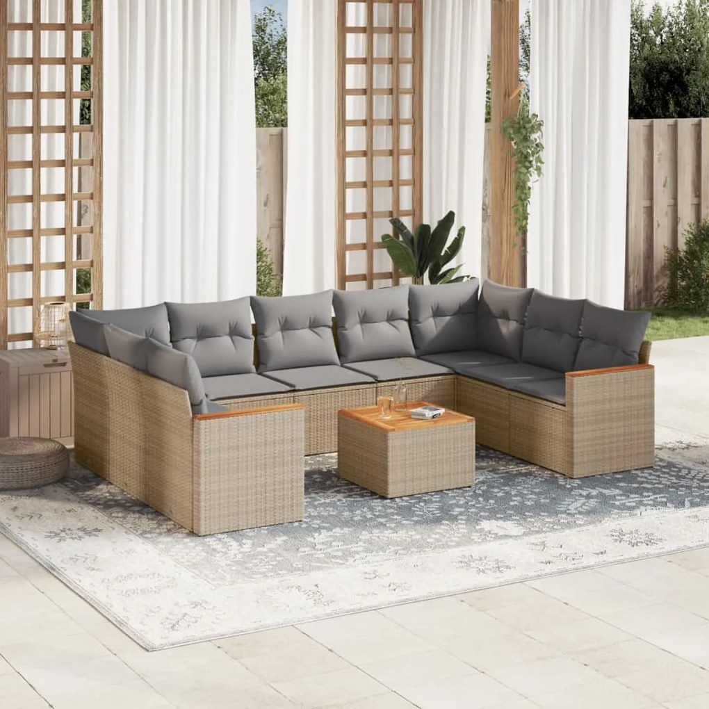 Set Divano da Giardino 10 pz con Cuscini Beige Misto Polyrattan