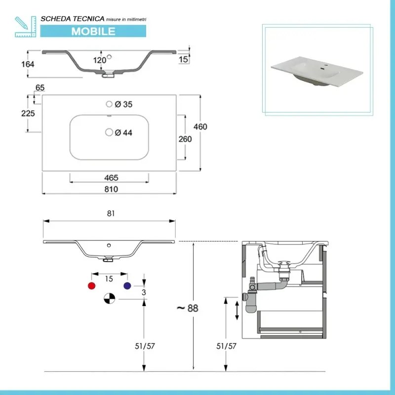 Mobile bagno sospeso 80 cm ossido e rovere con cassetti soft-close Kleo