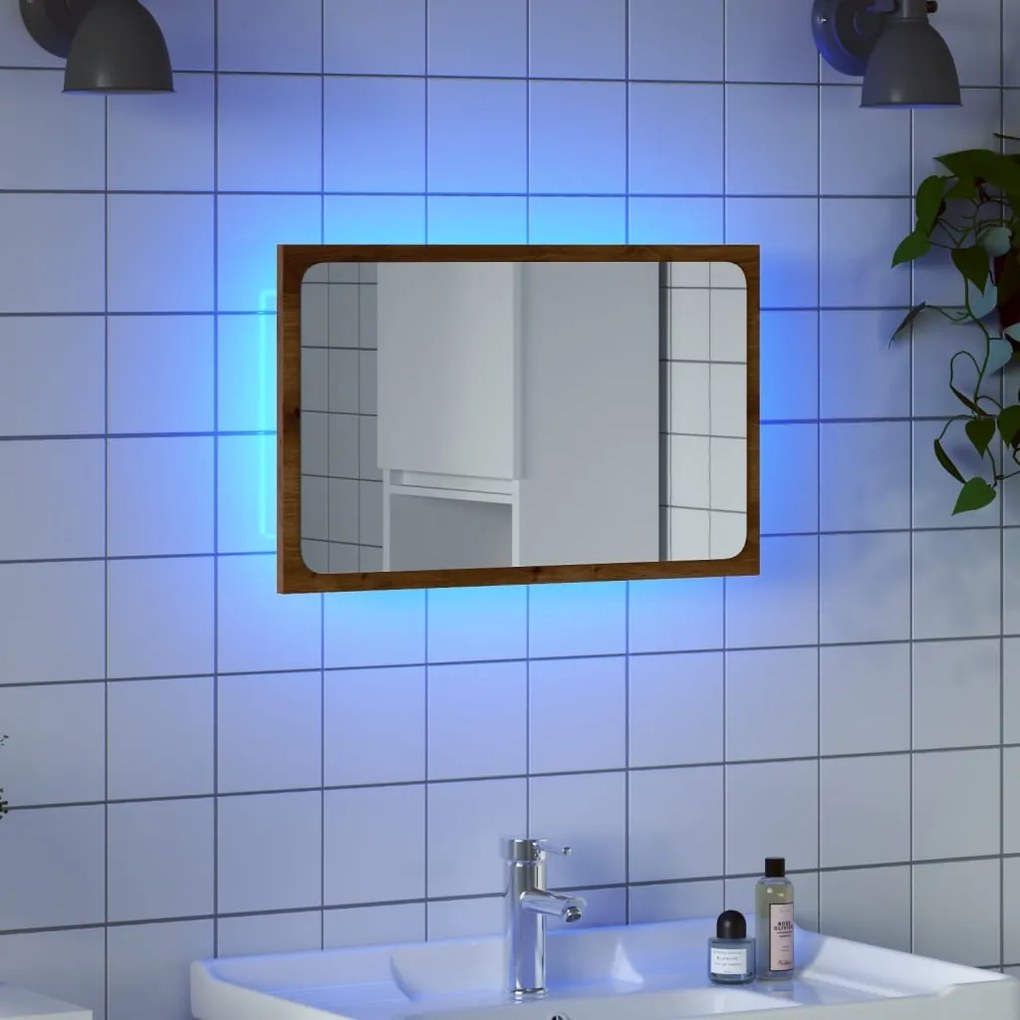 Specchio da bagno con luci led rovere artigianale 60x8,5x38 cm