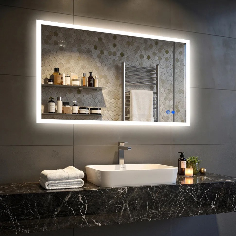 Specchio rettangolare da bagno con LED 120x70cm con Dual color, Interruttore tattile, Tappetino riscaldante