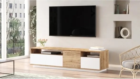 Mobile Porta Tv Da Terra 180x45x45 Bianco E Rovere Con Vani Force