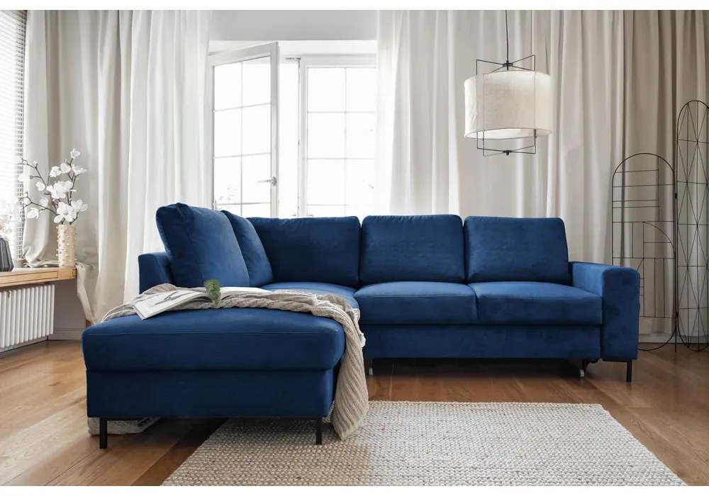 Divano letto angolare in velluto a coste blu scuro (angolo sinistro) Lofty Lilly - Miuform