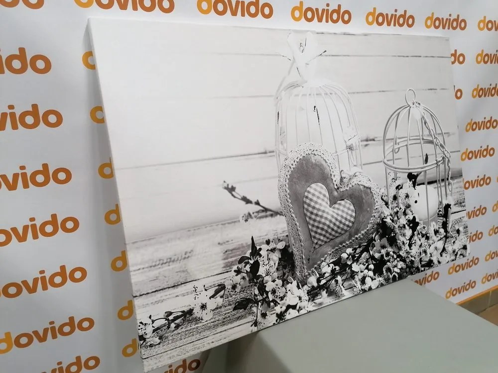 Stampa su tela – Cuoricino vintage e lanterne in bianco e nero